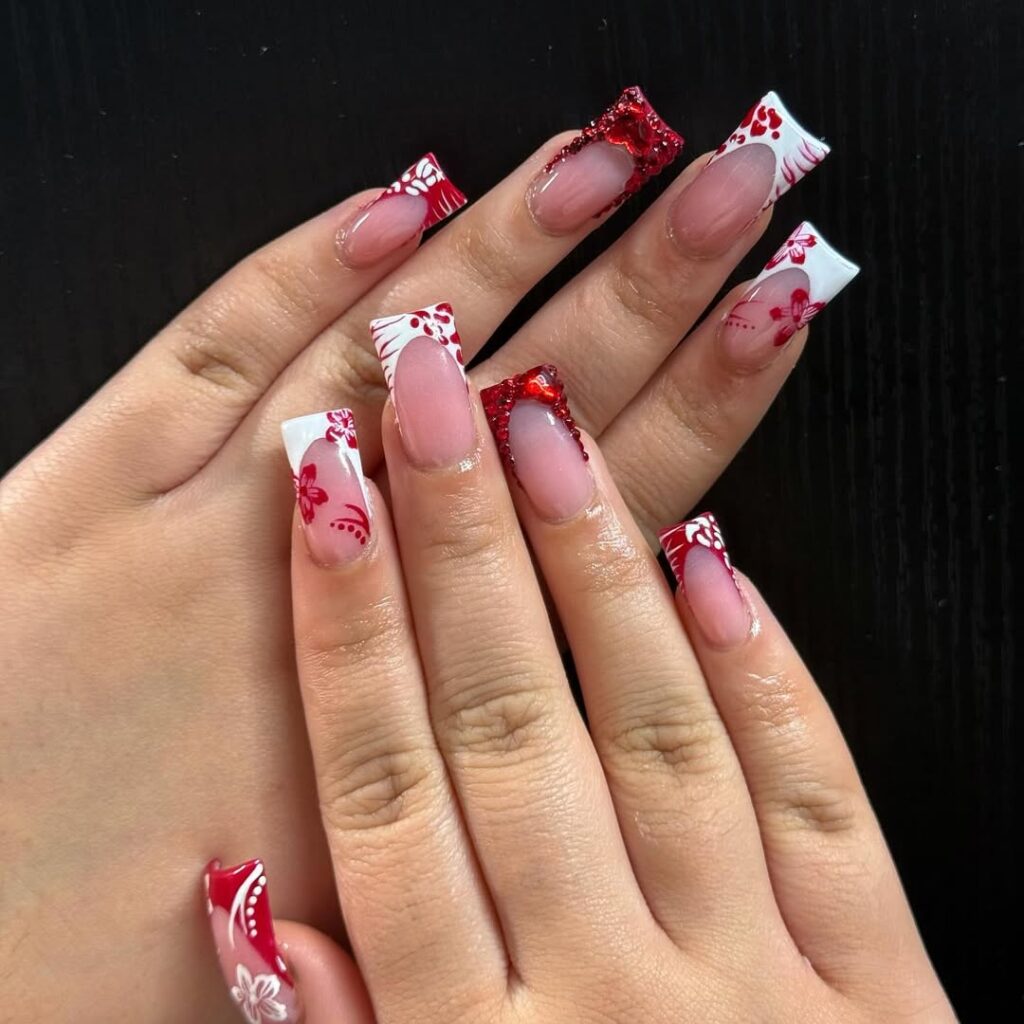 Cherry Red Nails with Mini Heart Accents