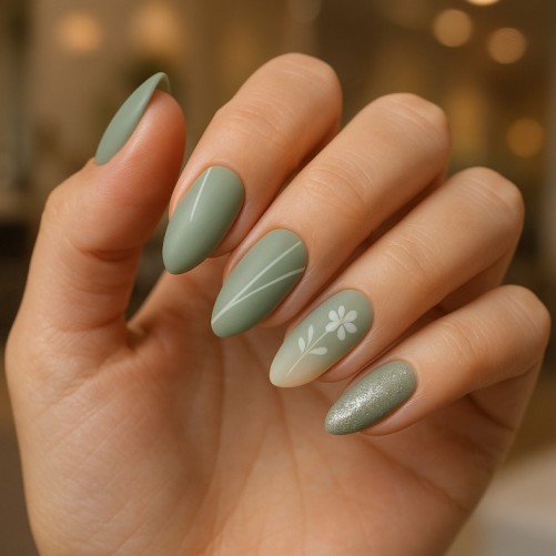 Sage Green Nails with Different Hues of Green