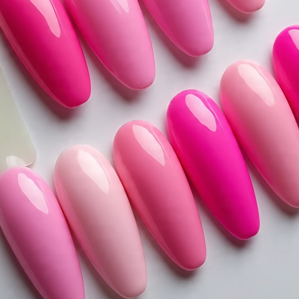 Elegant pink almond-shaped nails with a glossy finish, showcasing the latest 2025 nail trend