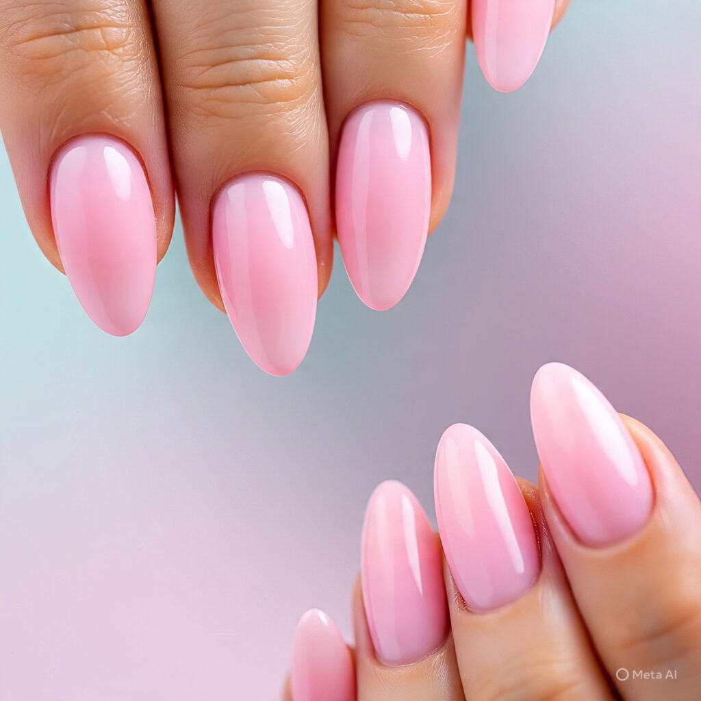 Elegant pink almond-shaped nails with a glossy finish, showcasing the latest 2025 nail trend