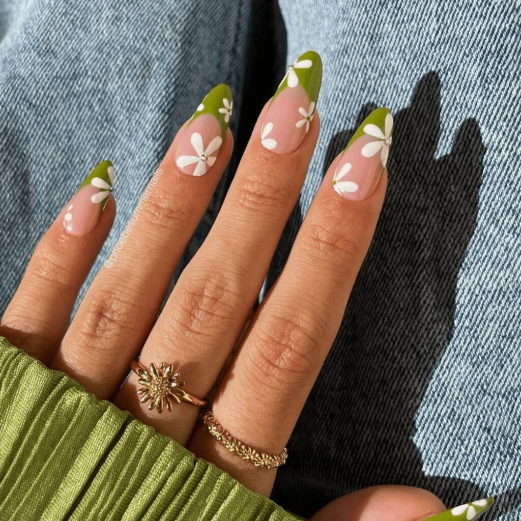 Flower Nail Designs with Sage Green Polish