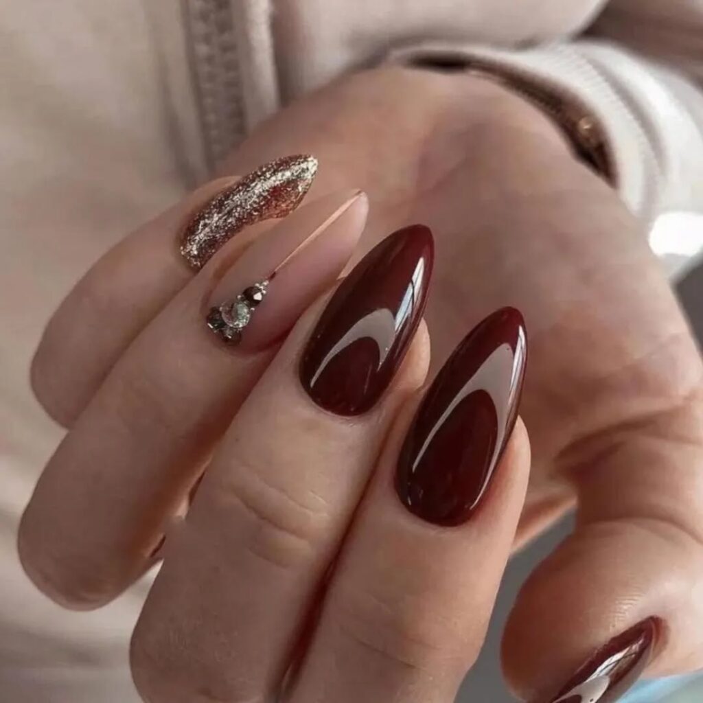 Burgundy Nails with White Floral Art
