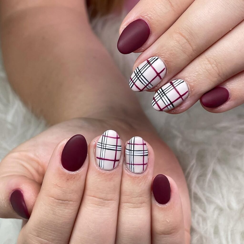 Burgundy Nails with Plaid Accents