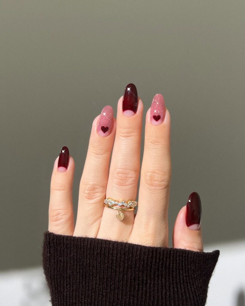 Burgundy and Pink Half-Moon Nails