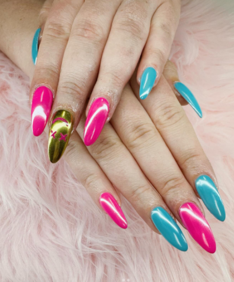 Neon Aqua Chrome Nails