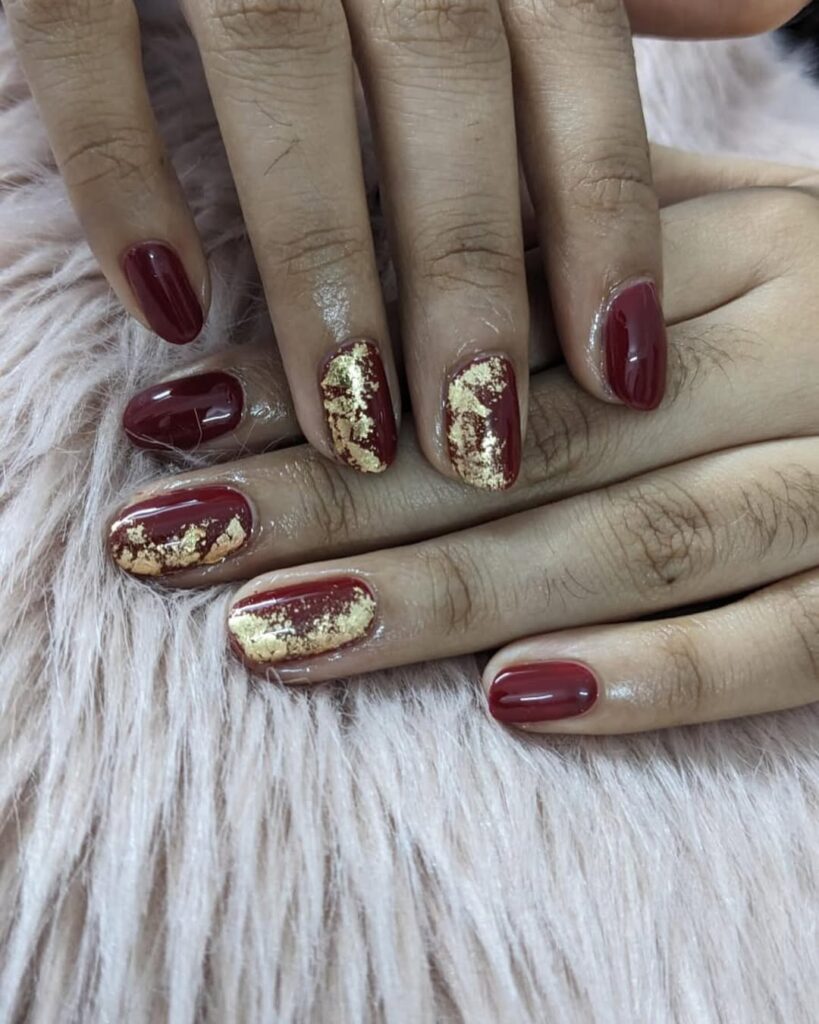 Matte Burgundy Nails with Gold Foil