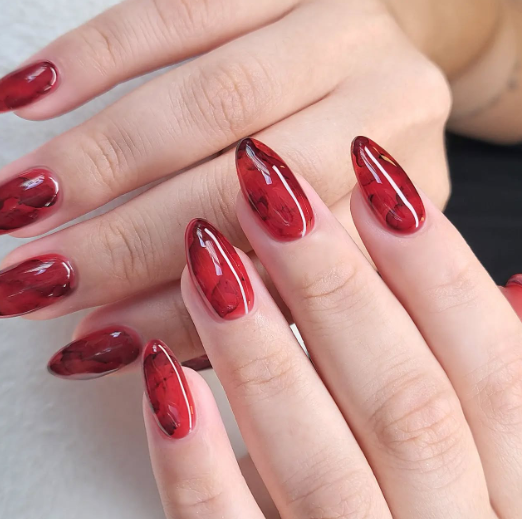 Dark Red Marble Nails