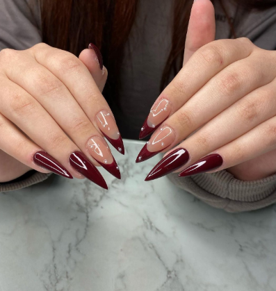 Maroon Nails with Rhinestone Detailing