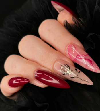 Maroon Nails with Marble Accent