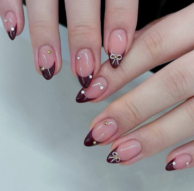 Maroon Nails with Tiny Dots