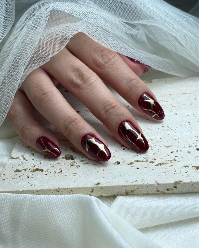 Wine Red Nails with Marble Accents