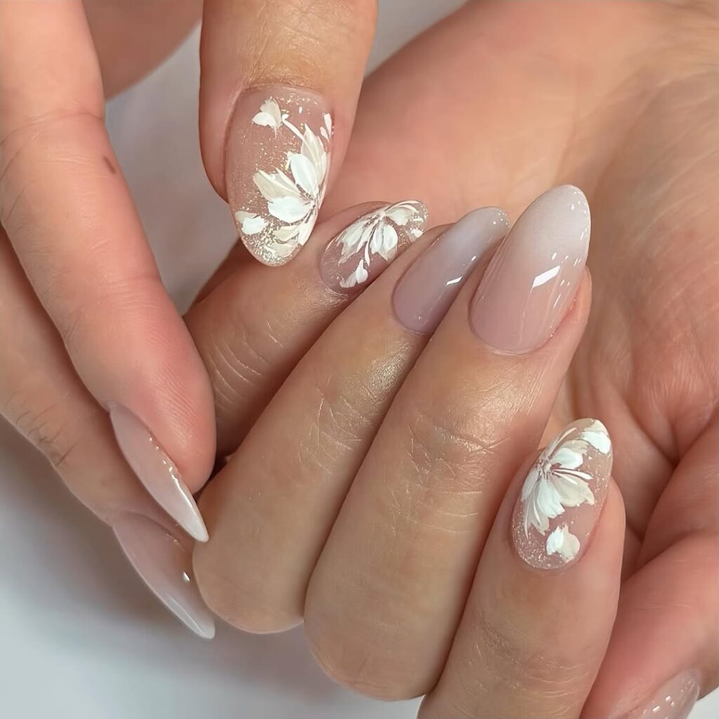 Nude Nails with White Florals